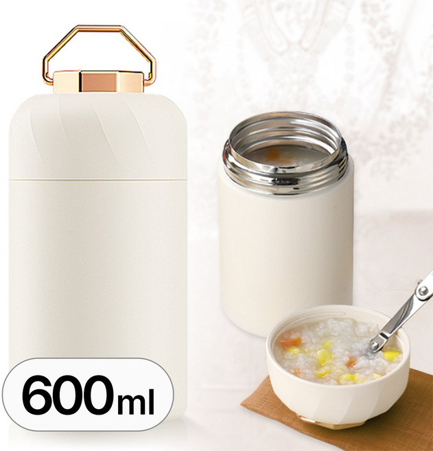 600ml 대용량 보온 죽통 아기 이유식 도시락 입구넓은 죽보온병 직장인 어린이 도시락통 세트, 1개, R99506W(화이트