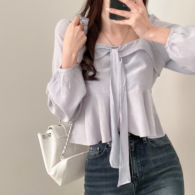 에스알비 스퀘어넥 리본 프릴 블라우스