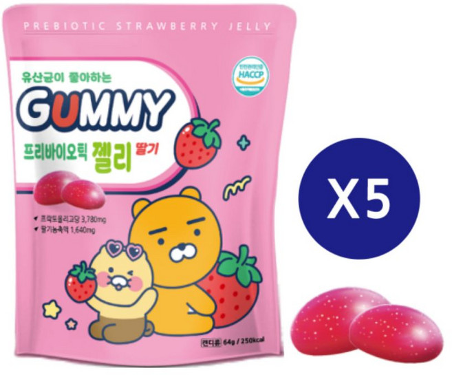 카카오프렌즈 프리바이오틱 구미 젤리 딸기맛 64g, 5개