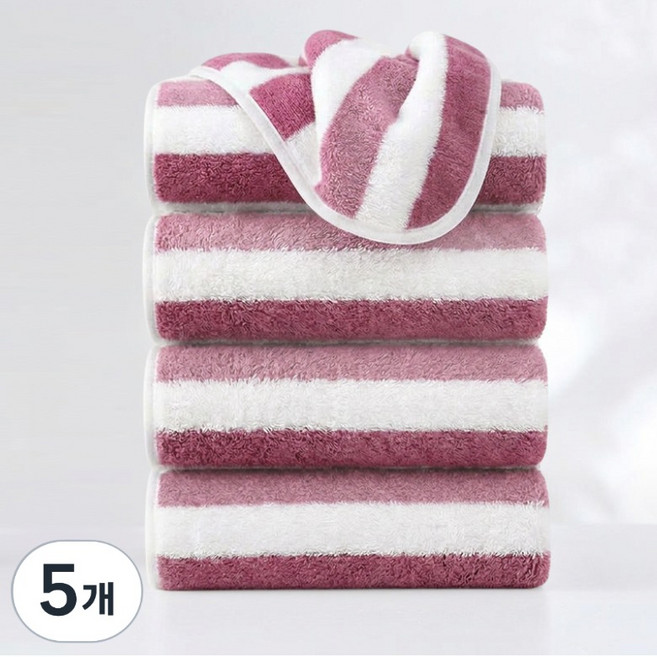 호텔수건 40수 고급 먼지없는 수건 데일리 부드러운 스트라이프 타올, 5개, 핑크색