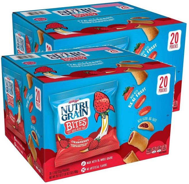 Kellogg's Nutri Grain Bites Strawberry Bars 켈로그 뉴트리 그레인 바이트 스트로베리 소프트 베이크드 미니 바 20개입 2팩