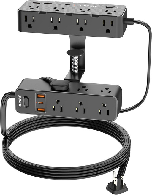 DEPOW 듀얼 레이어 책상 클램프 전원 스트립 및 서지 보호기: 콘센트 17개 + USB3개 USB-C 충전소 10피트 연장 코드가 있는 공간 절약형 정리함 1700J 보호블랙