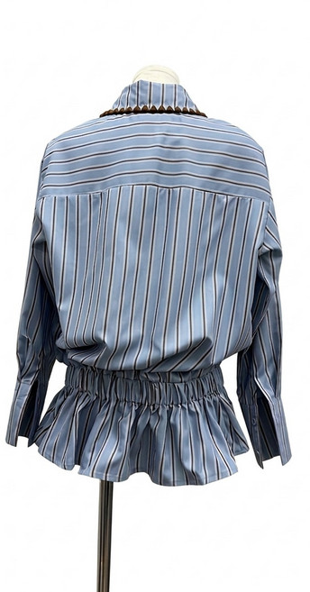 셔츠 원피스 레이디스 스트라이프 튜닉 긴팔 예쁜 칼라 첨부 블라우스 롱 셔츠 체형 커버 착용 세로 라인 웨스트 마크 세련 캐주얼 통근 사무