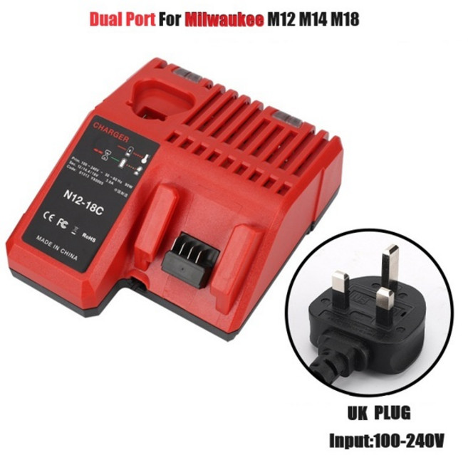3A 12V 14V 18V 고속 리튬 이온 배터리 충전기 밀워키 M12-18C 듀얼 포트 다중 전압 리튬 이온 M12 M18 호환, [00] 번들 1, [03] Dual Ports UK PLug