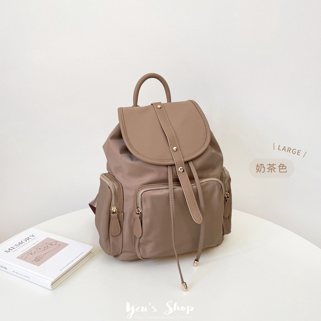 Yen's Shop 磁扣尼龍多口袋防潑水後背包, 奶茶色