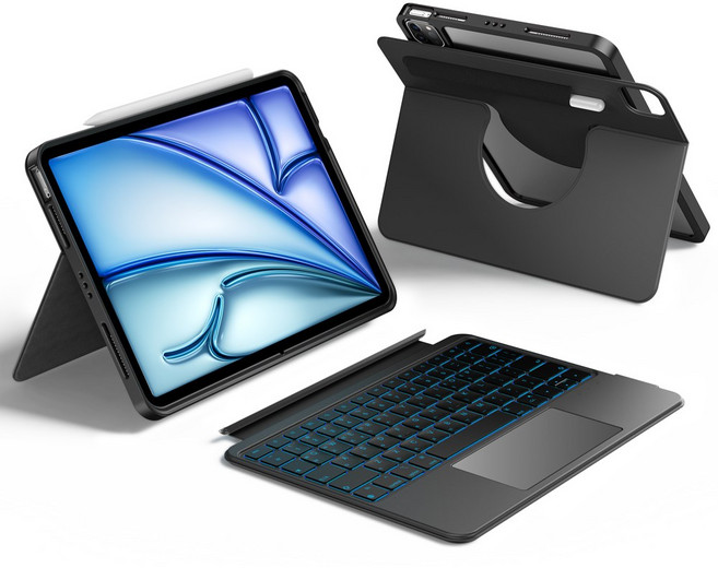 HOU 아이패드 세로 가로 매직키보드 펜슬 수납 아이패드 프로11인치 M4 13인치 에어 6/5/4세대 M2 10.9 11인치 13인치 트랙패드 백라이트 한글 키보드 케이스, 에어6/5/4세대 프로1/2/3/4세대10.9 11인치, 블랙