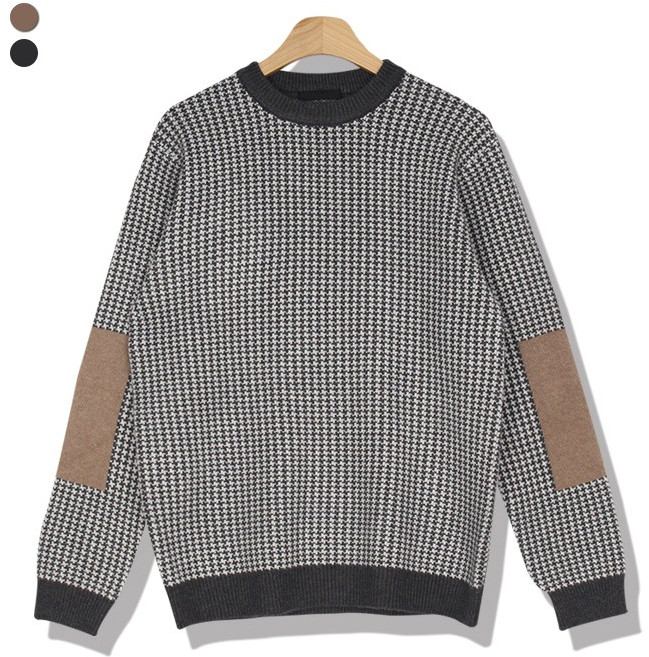 오마보이 남성용 하운드투스 엘보 배색 라운드넥 니트