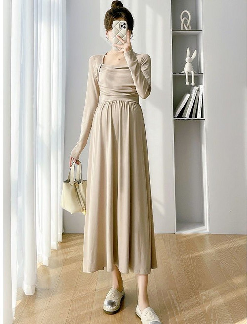 임산부 긴팔 원피스 봄 가을 하이웨이스트 원피스 스퀘어넥 롱드레스 우아한 스타일 임부복 YLP