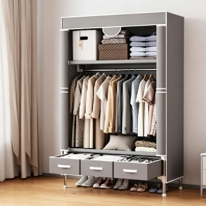簡易布衣櫃 帶抽屜防塵衣櫥, 淺灰色 長90*45*170 送3個抽屜