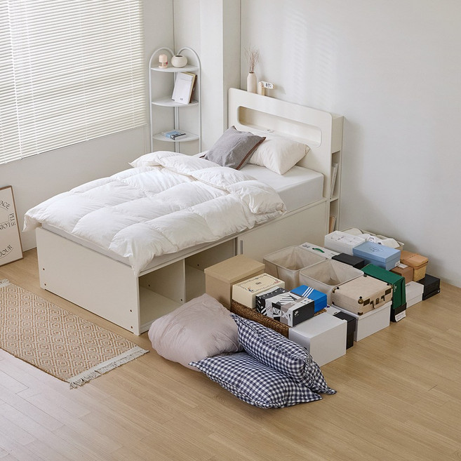 휴먼앤퍼니처 밀러 빅수납 슬라이딩 LED 침대 (헤드+풋보드 포함), 01.슈퍼싱글 프레임 GHM304 착불_아이보리