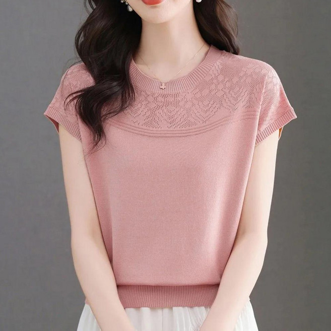 KAQIA 여름 여성 니트티 라운드넥 반팔니트 MM0304