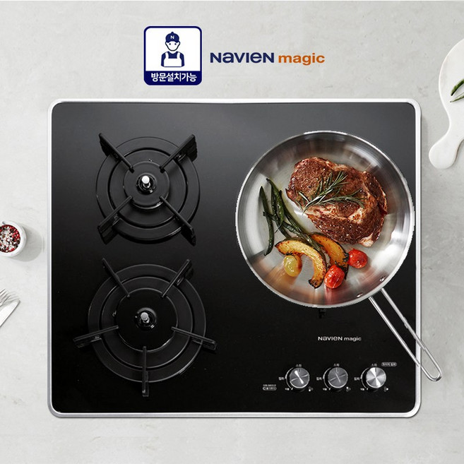 [전국설치가능] 나비엔매직 GRB6103 (구GRAB301/GRAB300) 빌트인 매립형 블랙펄4중코팅 3구 가스레인지 560X440, B301KD(건전지형)