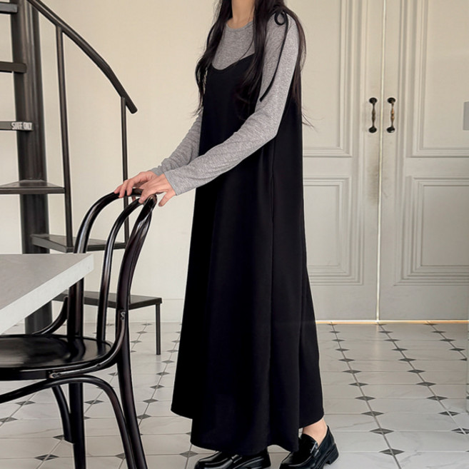 봉봉스토리 여성용 셀레스티 리본 끈 롱 원피스 레이어드 나시 뷔스티에