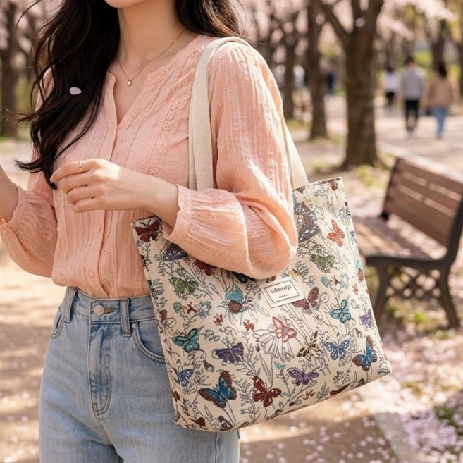 티앤비 여성 나비무늬 나빌레라 에코백 캔버스 린넨 숄더 토트백