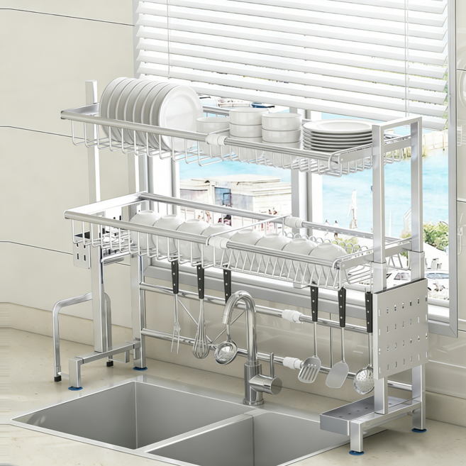 리빙가감법 확장형 2단 식기건조대 특대형 주방 접시보관 304 스테인리스 싱크대 접시보관 그릇랙 304스텐 식기 수납함, 1개, 실버