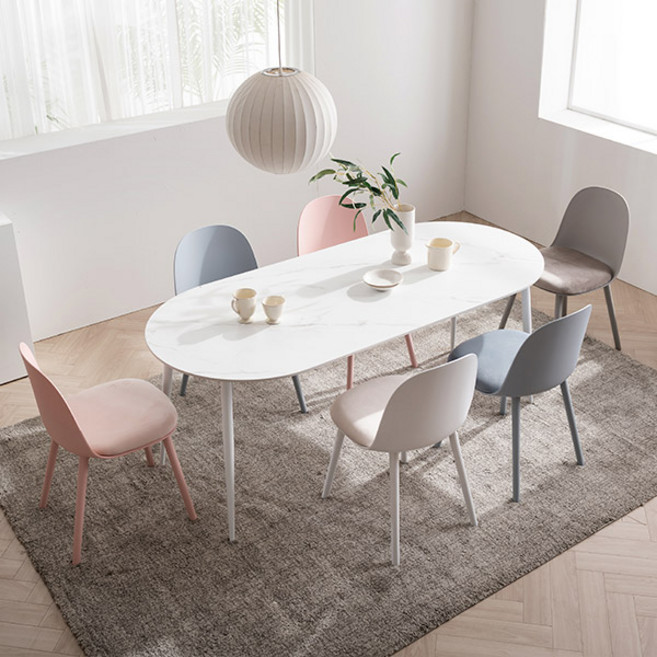 [삼익가구]순수 세라믹 타원형 1800 식탁 세트(의자6개), 화이트3+스카이블루3