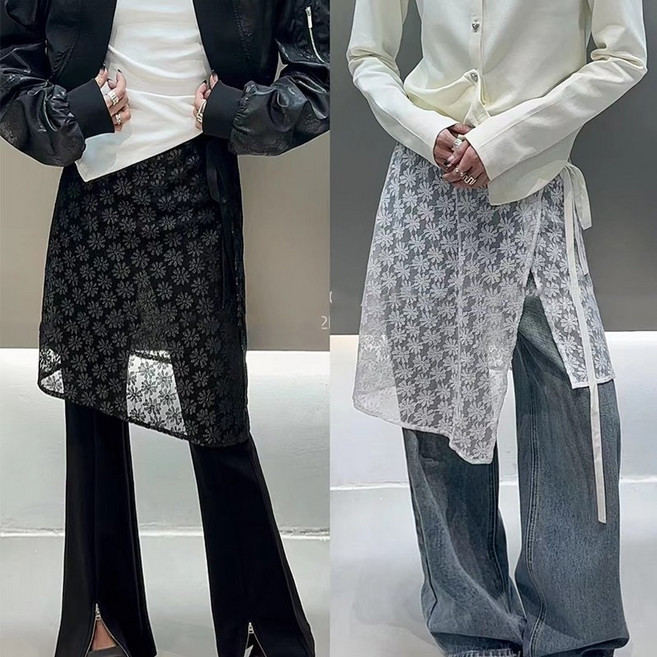 여성용 옆트임 허리밴딩 레이스 스커트 데일리 언발런스 망사 시스루 레이어드 스커트 치마