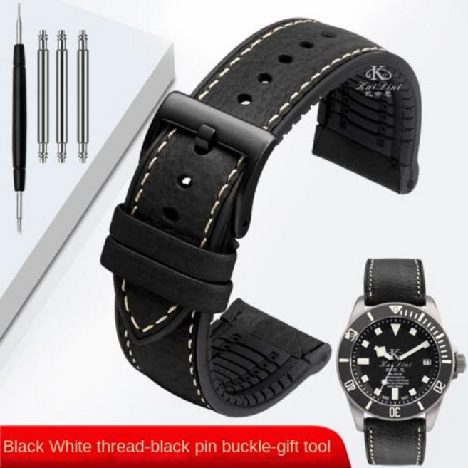 이탈리아 가죽 스킨 시계 밴드 부드러운 방수 고무 19mm 20mm 21m 22m 23mm 남성용 스트랩 티쏘 태그호이어, China, 91)Black black pin, 1개