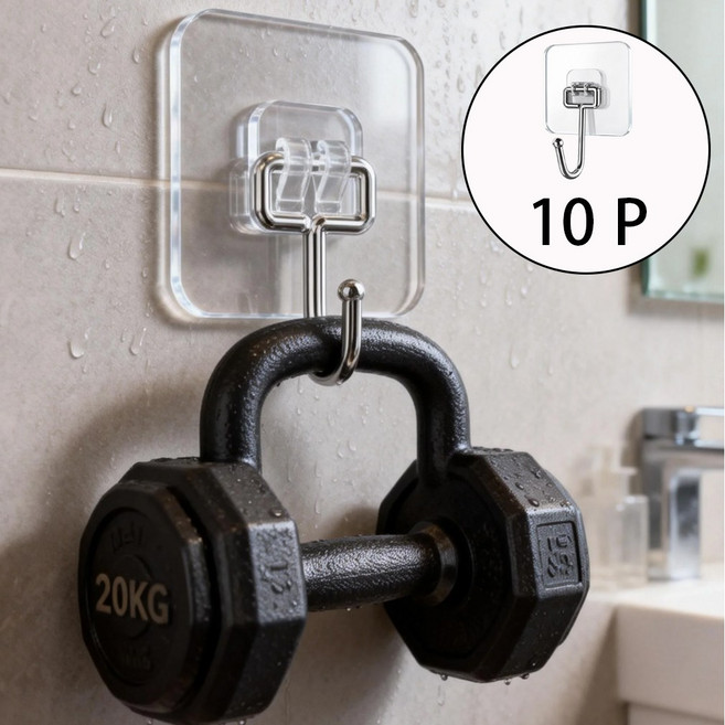 KLW 강력 접착식 후크 하중 20KG 방수 무타공 걸이 욕실 주방 다용도실, 투명한, 10개