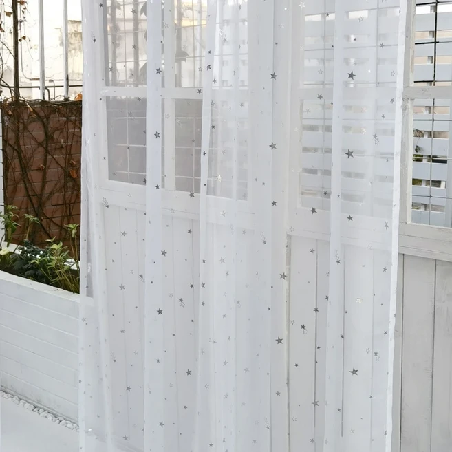 커튼 쉬폰스타일 감성커튼 프라이버시 흰색 반짝 이는 은색 별 방에 대 한 Tulle 거실 WP234C에 현대 귀여운 모든 일치 Voile 창 처리 Sheers