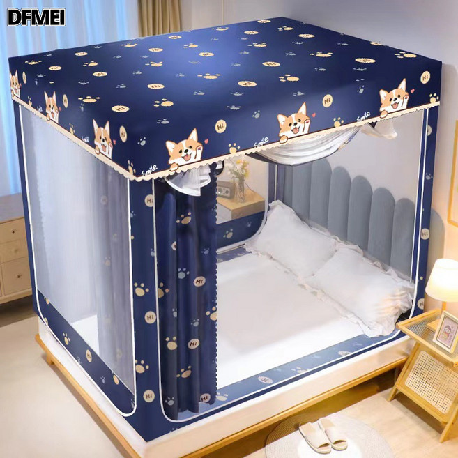 DFMEI 家用牀簾遮光蚊帳一體式兒童蒙古包牀幔防摔蚊帳嬰兒防止掉牀, 1個, 愛心柯基【帶遮光簾】牀簾+蚊帳+支架:2.0m【適用2.0*2.2m牀】