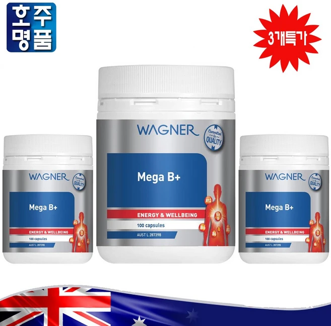 호주 명품 에너지 영양제 와그너 고함량 메가 비타민 B+ 타우린 비오틴 엽산 이노시톨 100캡슐 3개특가, 3개, 100정 - 쿠팡