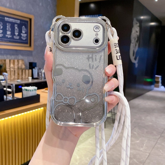 iPhone 保護殼 貓耳朵小熊 編織掛繩斜跨