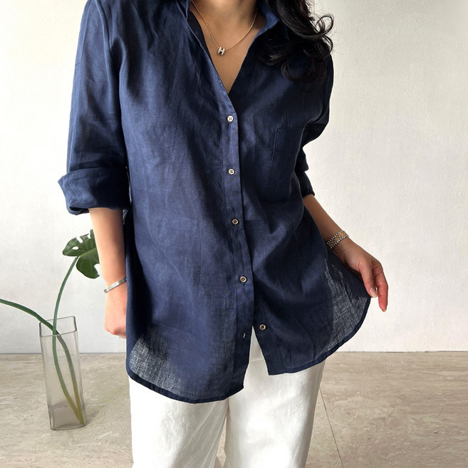 네모엔룩 여성용 플렉스린넨 여름 린넨100% 셔츠 카라 브이넥 마 남방 긴소매 블라우스 NL