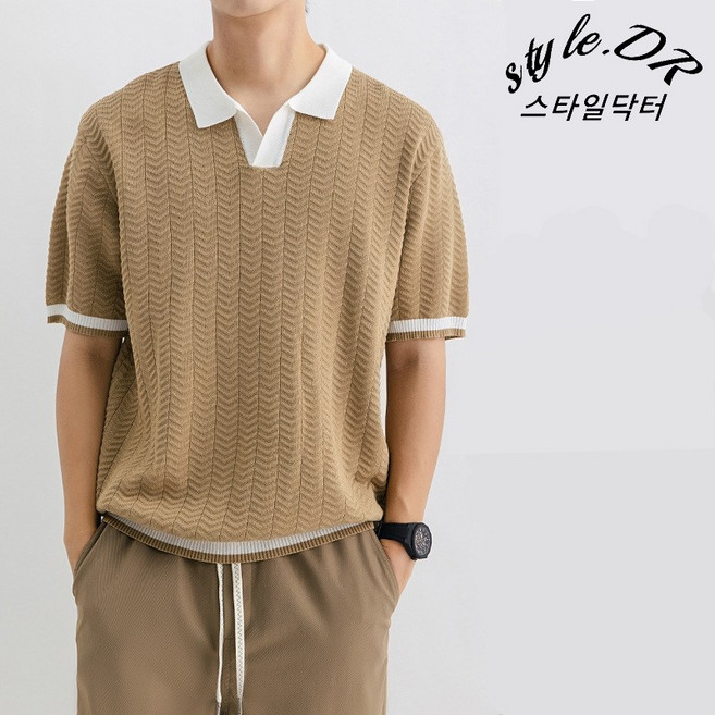 스타일닥터 남성 여름 반팔 니트 티셔츠 카라 배색 브이넥 슬림핏 데일리룩