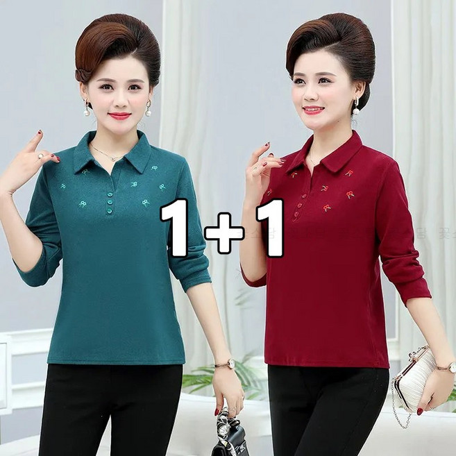 꽃소담 1+1 중년 여성 자수 스판 긴팔 카라티 데일리 봄가을 엄마옷 MAL26A698