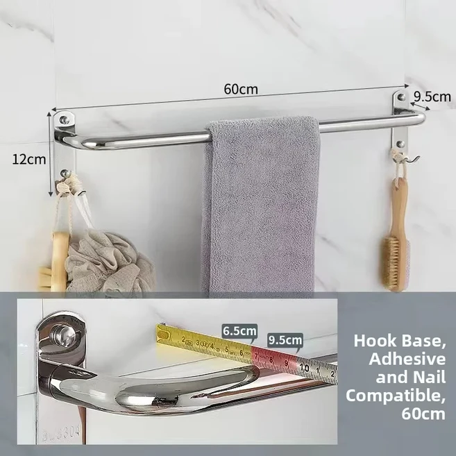 두꺼운 304 스테인리스 스틸 수건걸이 욕실 긴 화장실 바 무타공 설치 액세서리, 07 19 튜브 더블 후크 60CM