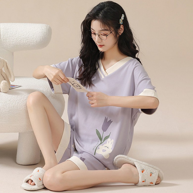 ANYOU 여성 순면 100% 얇은 잠옷 브이넥 스킨케어 컴포트 반팔잠옷세트