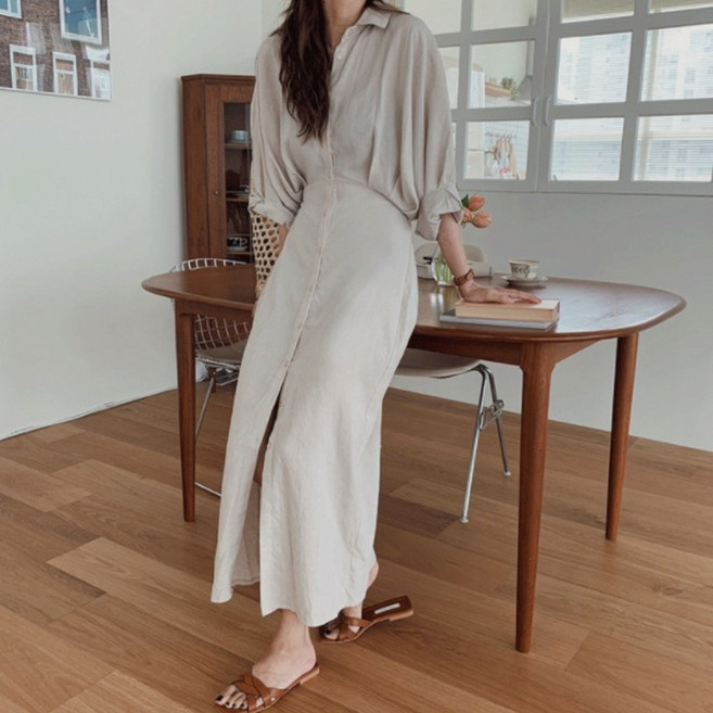 ANYOU 여성 여름 셔츠 원피스 벨트 여밈 날씬 캐주얼 롱스커트