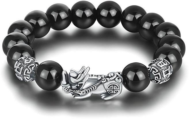 붓다베스트 남성용 비휴 흑요석 실버 팔찌