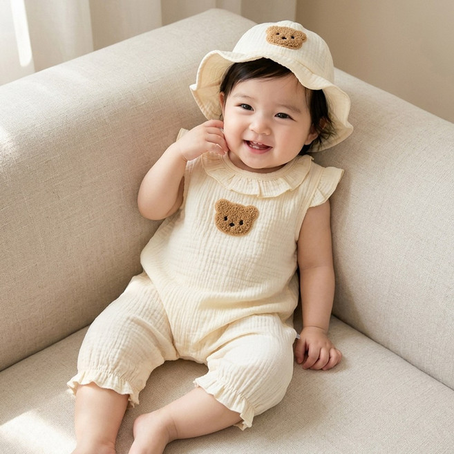 몽실이 곰돌이 거즈면 우주복 모자세트 여아 남아 프릴 민소매 반팔 바디슈트 벙거지 세트 아기 여름 외출복