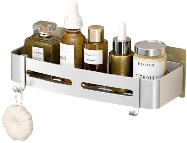 VergHatia 무타공 욕실 선반 알루미늄 접착식 일자거치대 화장실 벽걸이 수납 선반 2p 세트 + 4개 후크, 은색, 2개