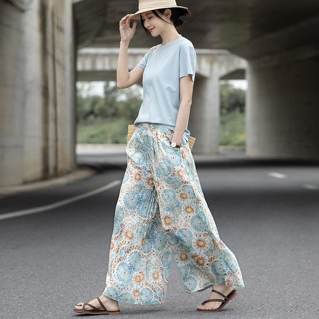 여성용 쿨 면 와이드팬츠 치마바지 고무줄바지 여름 통바지