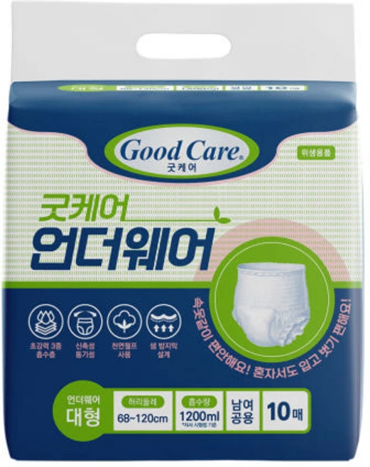 굿케어 언더웨어 입는 팬티형 성인기저귀, 8개, 10개입 - 쿠팡