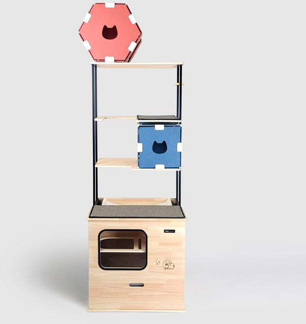 파파냥 고양이 대형 원목 화장실 캣 하우스 겸용 A-3 (해먹+캣타워형), 오렌지, 어반그레이, 1개