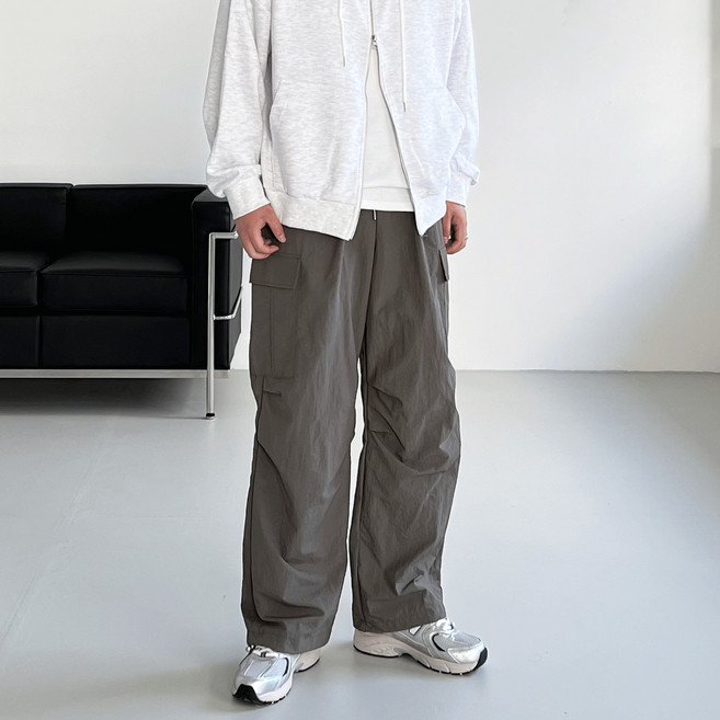 코튼 핀턱 나일론 롱와이드 와샤 스트링 카고 팬츠 (3color)