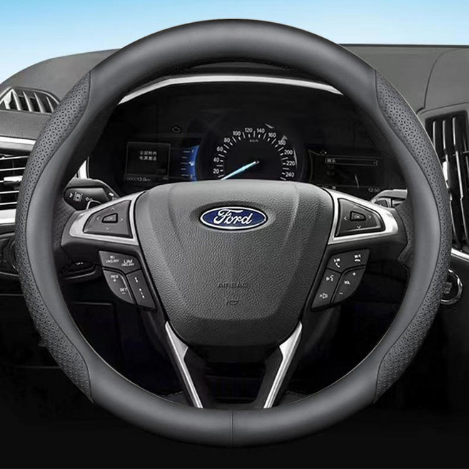 포드 Ford 전차종 호환 프리미엄 나파 가죽 카본 핸들커버, 원형(FD-02), 블랙 엠보