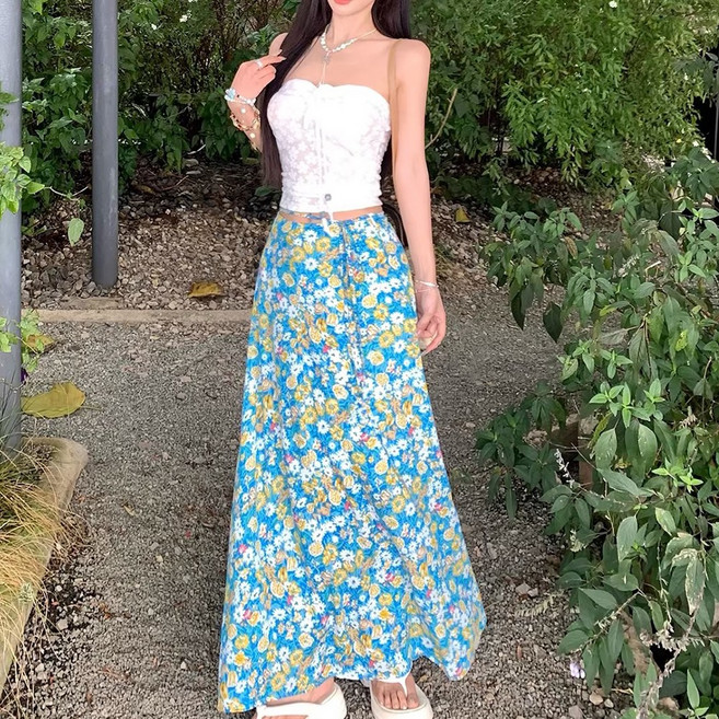 홍언목요 여성 원피스 세트 민소매 톱+플라워 롱스커트 투피스 여름 스커트 세트