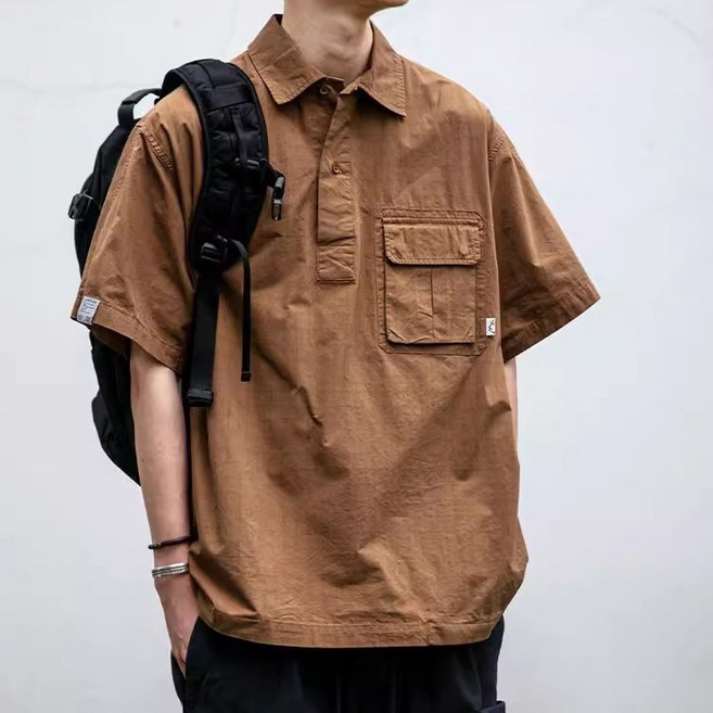 ANYOU 남성 반집업 반팔 셔츠 워크웨어 루즈핏 남성 반팔 대형 포켓 여름 티셔츠