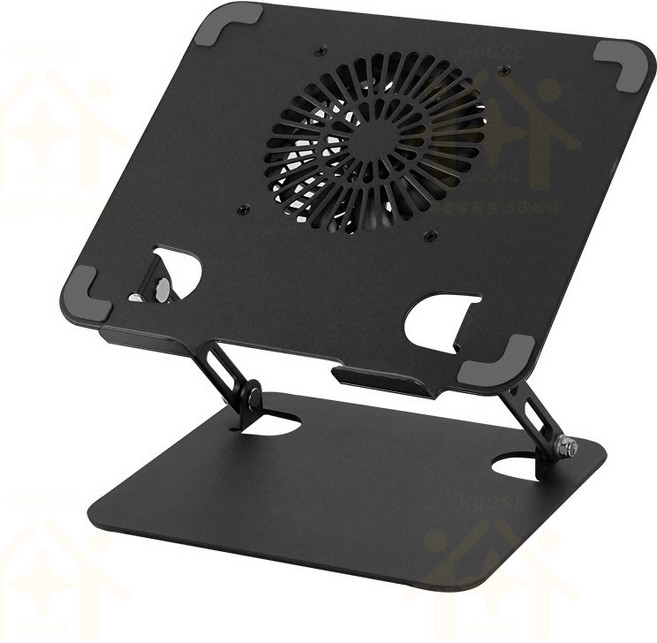llano 筆電散熱支架 碳素鋼材質 低噪風扇, 1個, 碳素鋼筆電折疊支架【黑色+風扇】,三層碳素鋼結構+自由升降+360°旋轉