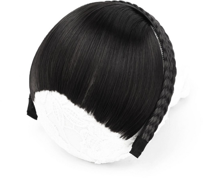 사이드 머리띠 내츄럴 시스루 여자 앞머리 가발 중년 스타일링 일체형 탑 펌 숱, 내추럴 블랙, 1개