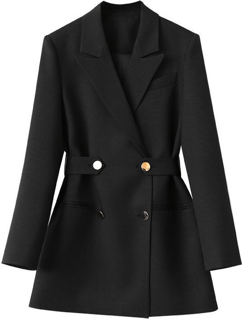 AOKADA 여성 봄 가을 단추 장식 무지 정장 롱 자켓