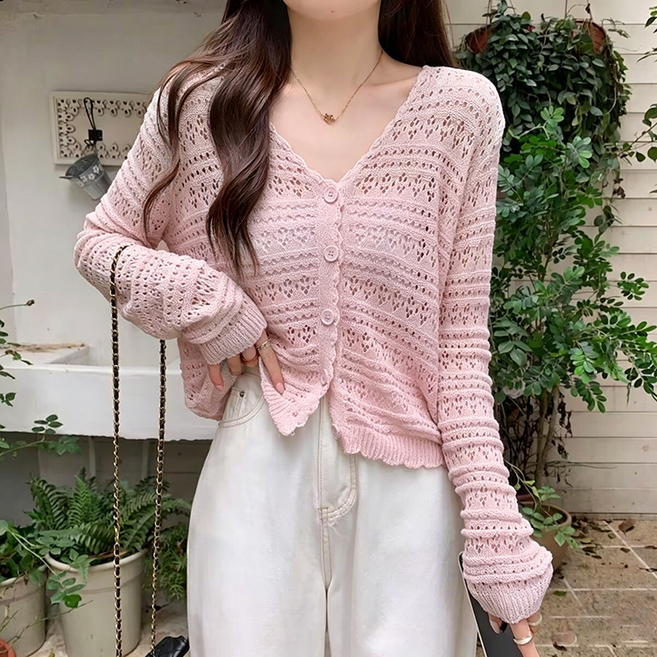 FANSYLI 여성 여름 아이스실크 니트 가디건 가벼운 레이스 펀칭 자켓 착용감 통기성 레이어드 아우터 바캉스룩 휴가룩 X2604A16