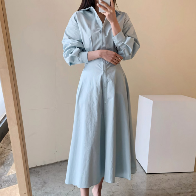 쪼예 데일리 벌룬 허리 핀턱 뒷밴딩 셔츠 롱 원피스