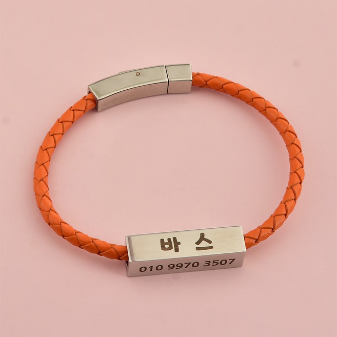 사각써지컬네임텍 가죽줄 강아지목걸이 고양이목걸이 4면각인 이름표 소형 중형, 오렌지, 1개