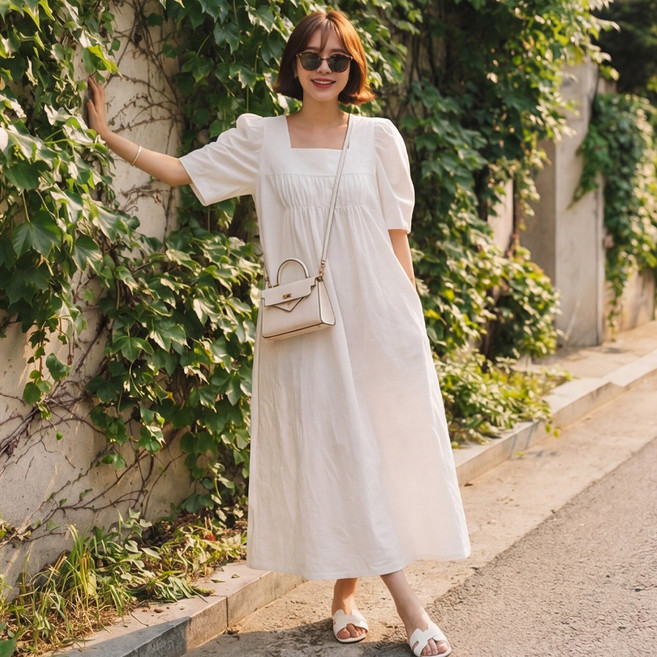 D122-6 루반티 빅사이즈 여성 스퀘어넥 셔링 반소매 여름 롱원피스 44-120